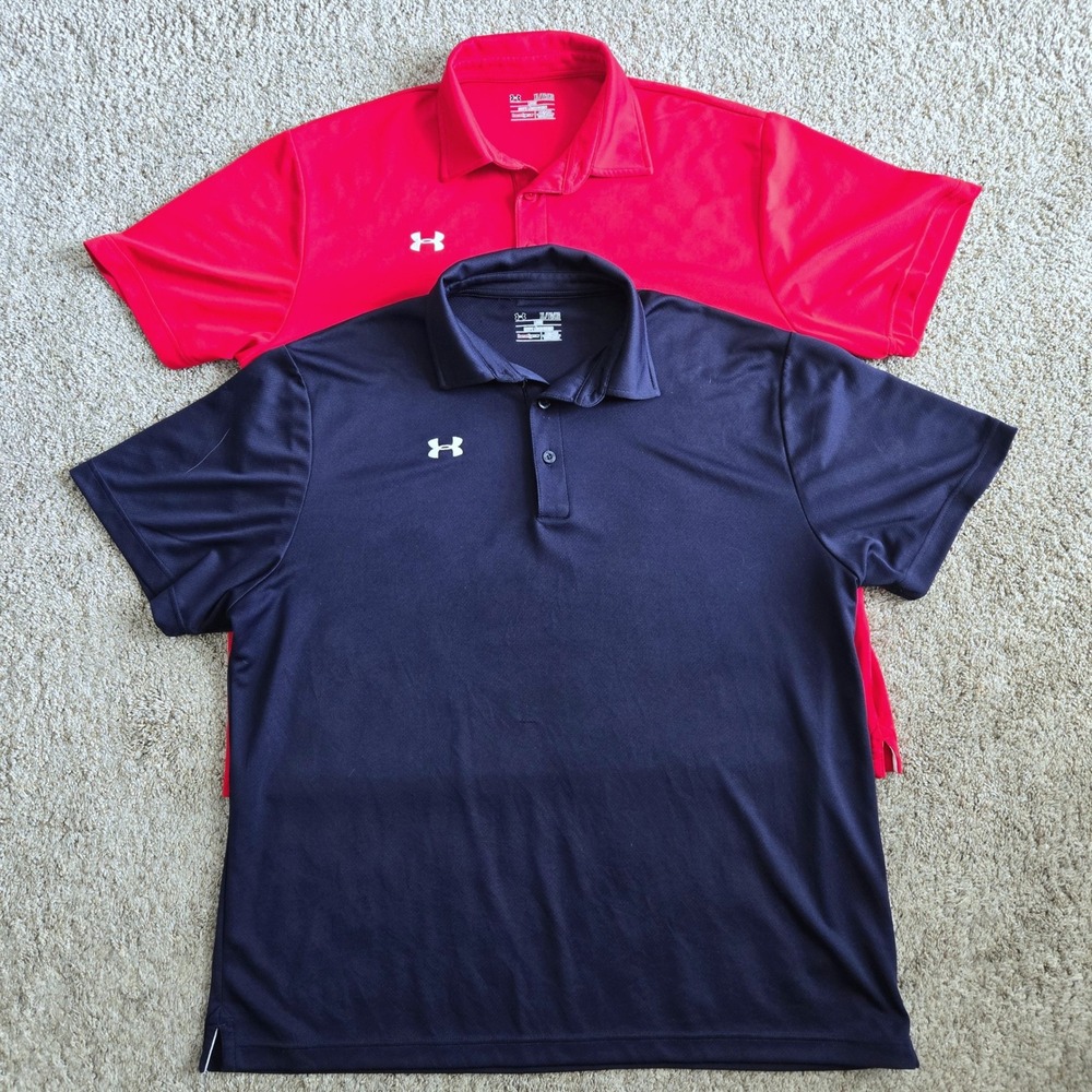 2 Pack Under Armour HeatGear Polo Shirts Mens XL Red Navy Blue Loose Fit Golf